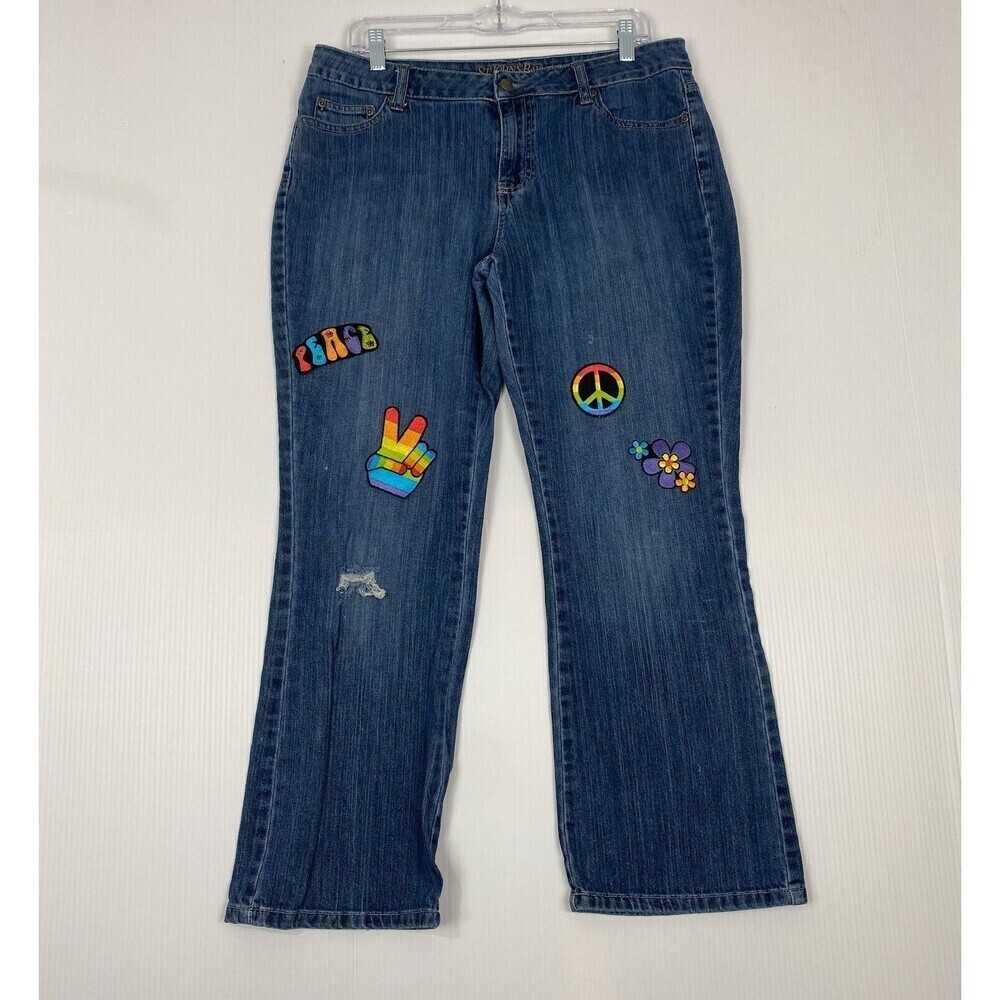 ST JOHNS BAY Jeans Blue Denim Flare Bottom Womens  Size 16P Hip Hop patch Y2K